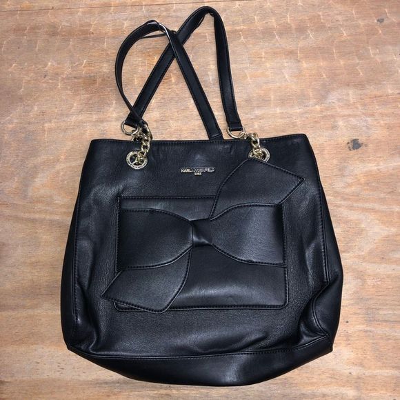 Karl Lagerfeld Black Leather Bow Gold Chain Handbag Purse, MSRP $198 - Picture 2 of 11